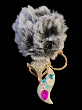 Glam Black/White Fox Pom Charm Keychain Designer Style 2.5”